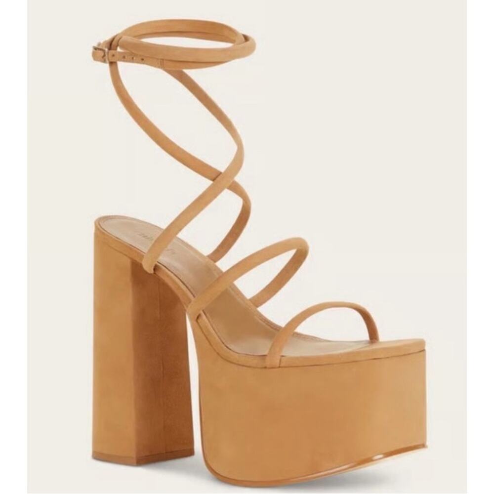 CULT GAIA Hyte Strappy Ankle Wrap Suede Leather Camel Platform Heels Size 8.5